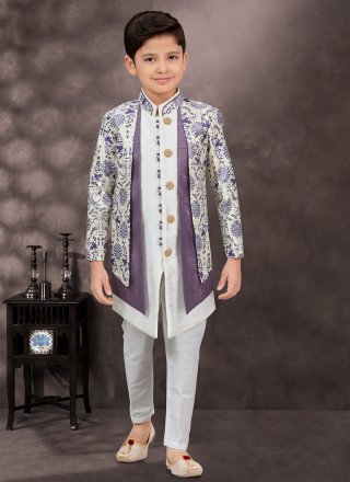 Banarasi Silk Sherwani Kids Wear In Off White and Purple
