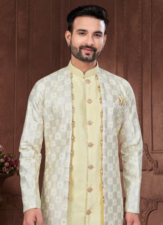 Banarasi Silk Sherwani Mens Wear In Cream and Yellow