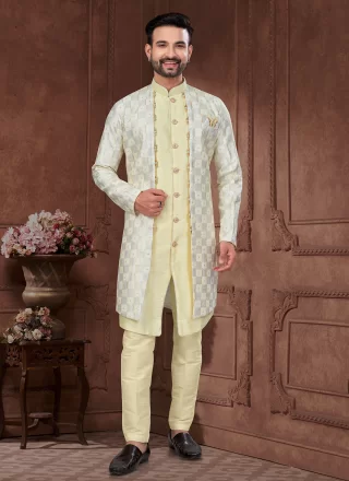Banarasi Silk Sherwani Mens Wear In Cream and Yellow