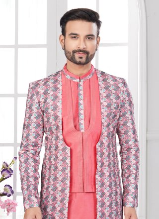 Banarasi Silk Sherwani Mens Wear In Multi Colour, Orange and Red