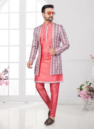 Banarasi Silk Sherwani Mens Wear In Multi Colour, Orange and Red