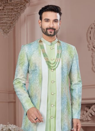 Banarasi Silk Sherwani Mens Wear with Buttons and Machine Embroidery Work
