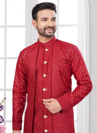 Banarasi Silk Sherwani Mens Wear with Buttons, Machine Embroidery and Thread Work