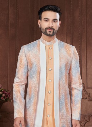 Banarasi Silk Sherwani Mens Wear with Digital Print and Machine Embroidery Work