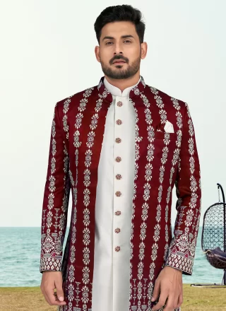Banarasi Silk Sherwani Mens Wear with Machine Embroidery and Thread Work