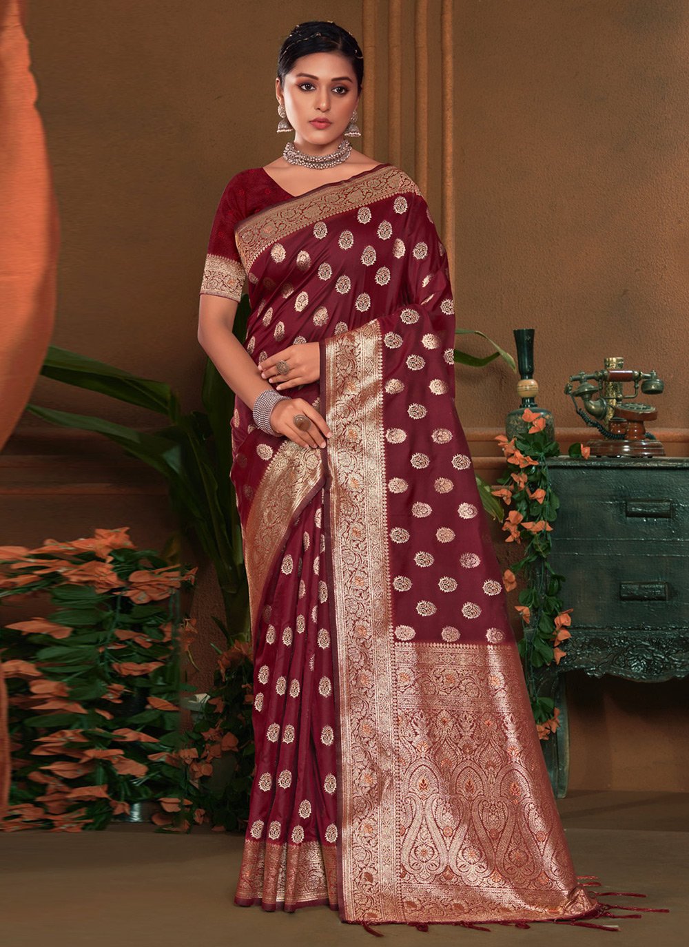 Buy HOUSE OF BEGUM Maroon Banarasi Handloom Satin Silk Saree With  Embroidery Work with Blouse Piece | Shoppers Stop