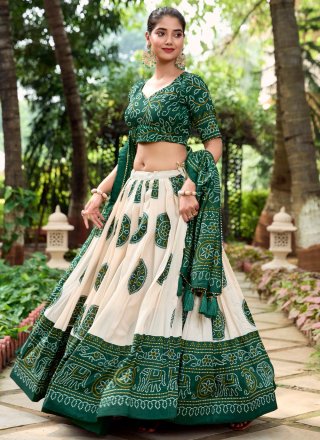 Bandhej and Print Work Tussar Silk Lehenga Choli In Green and Off White