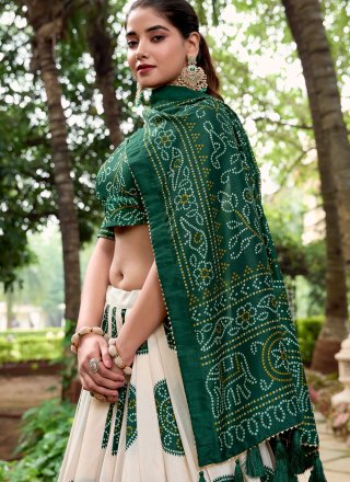 Bandhej and Print Work Tussar Silk Lehenga Choli In Green and Off White