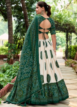 Bandhej and Print Work Tussar Silk Lehenga Choli In Green and Off White
