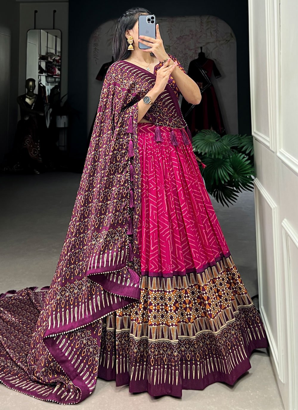 Buy Online Bandhej and Print Work Tussar Silk Lehenga Choli In Rani 296800 New Arrivals