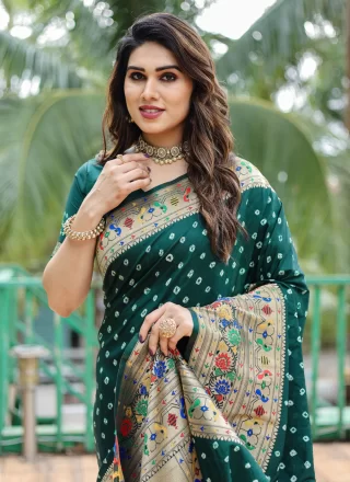 Bandhej and Weaving Work Silk Contemporary Saree In Green for Ceremonial