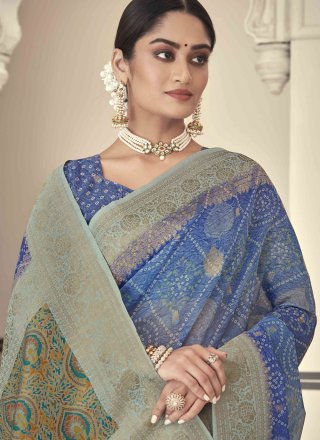 Bandhej and Woven Work Silk Contemporary Saree In Blue