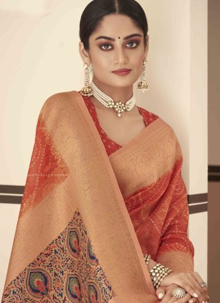 Bandhej and Woven Work Silk Trendy Saree In Orange for Ceremonial