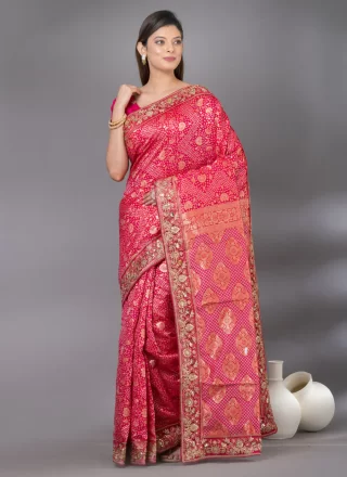 Bandhej, Embroidered and Sequins Work Poly Silk Silk Saree In Pink