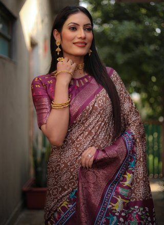 Bandhej, Patch Border and Print Work Silk Casual Saree In Brown for Engagement