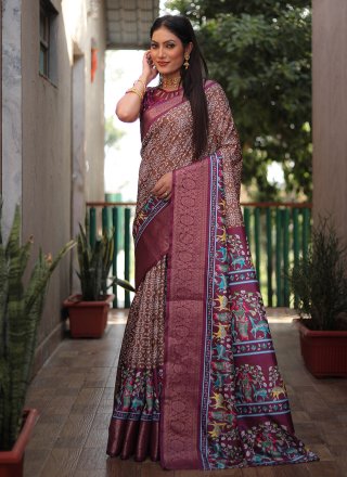 Bandhej, Patch Border and Print Work Silk Casual Saree In Brown for Engagement