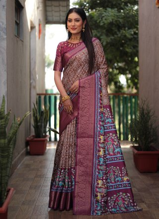 Bandhej, Patch Border and Print Work Silk Casual Saree In Brown for Engagement