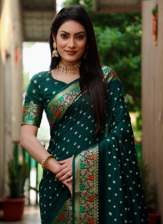 Bandhej, Patch Border and Woven Work Paithni Contemporary Sari In Green
