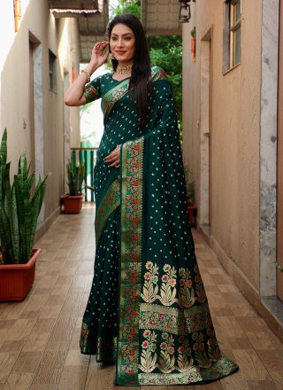 Bandhej, Patch Border and Woven Work Paithni Contemporary Sari In Green