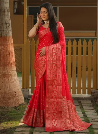 Bandhej, Weaving and Zari Work Silk Bandhej Saree In Red for Ceremonial
