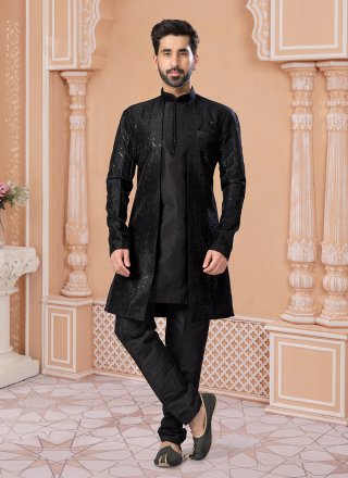 Banglori Silk Indo Western Sherwani In Black