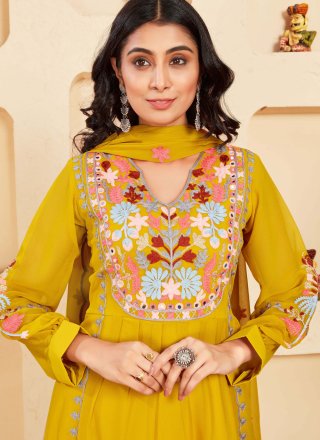 Baronial Yellow Faux Georgette Readymade Salwar Suit with Embroidered and Mirror Work