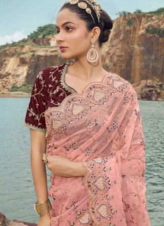 Beads, Cord, Embroidered and Thread Work Net Contemporary Sari In Pink for Festival