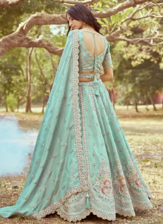 Beads, Embroidered, Sequins, Stone and Thread Work Tissue Lehenga Choli In Sea Green