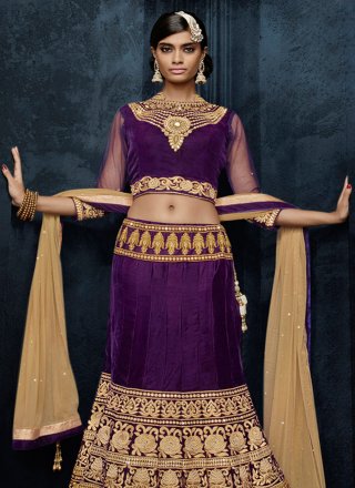 Beads, Patch Border and Zari Work Velvet Lehenga Choli In Purple