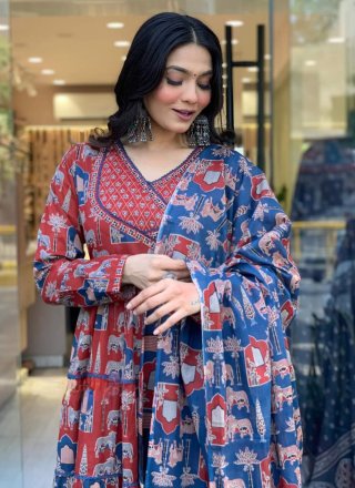 Beauteous Red Cotton Salwar Suit with Embroidered and Print Work