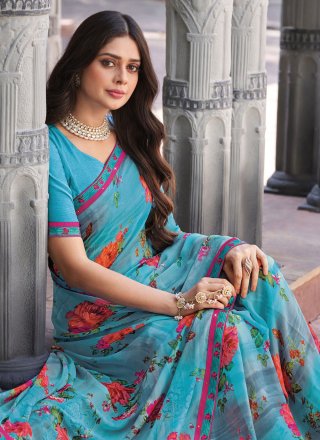 Beautiful Blue Georgette Contemporary Saree with Floral Patch Work