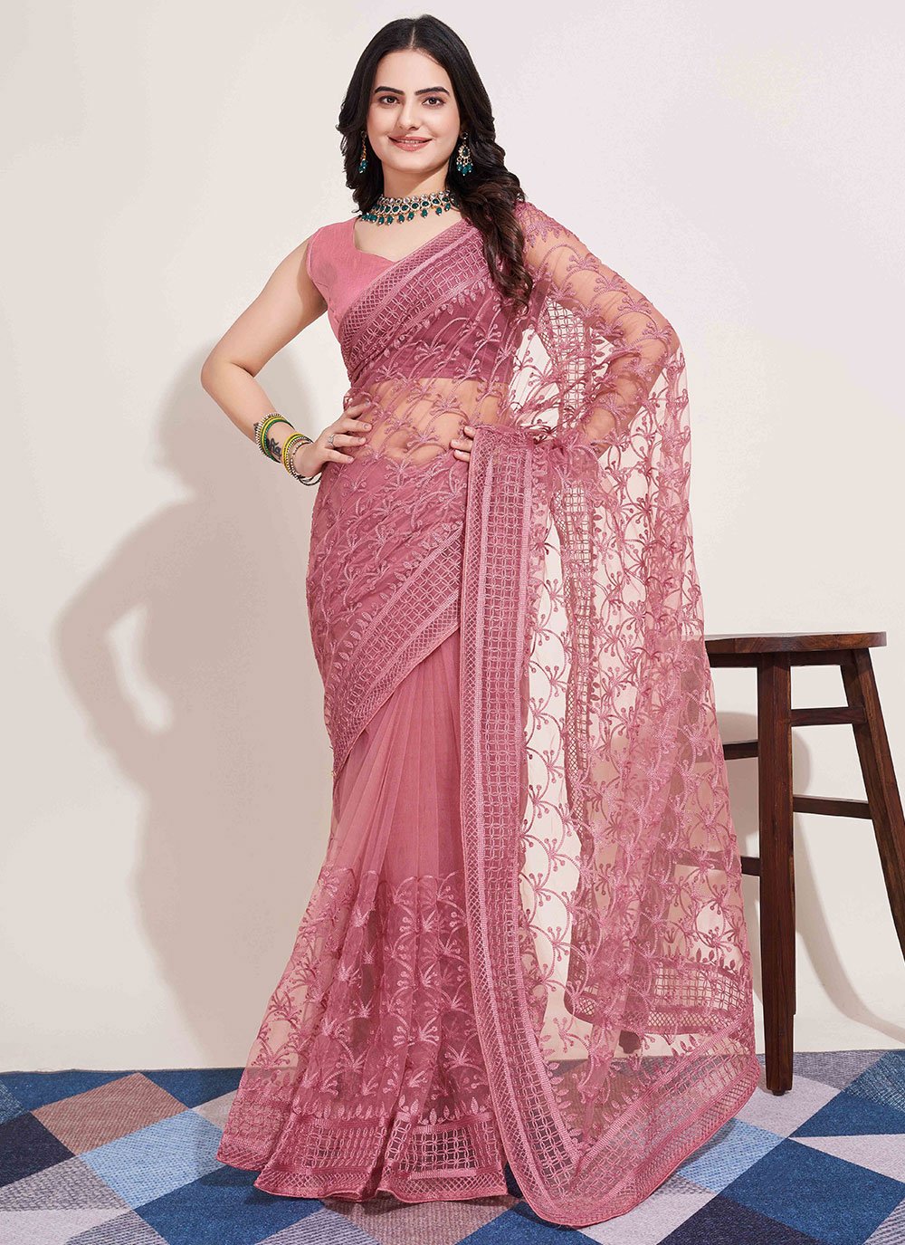 Vishal Prints Dark Peach Printed Fancy Chiffon Saree With Core Piping