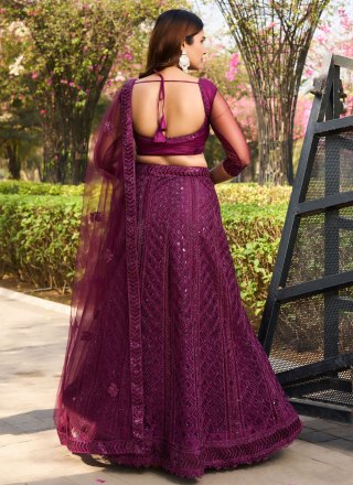 Beautiful Wine Net A - Line Lehenga Choli with Embroidered and Sequins Work