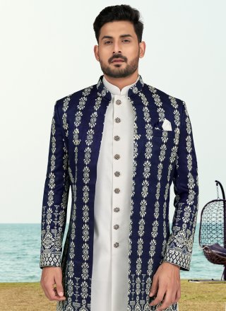 Bedazzling Blue and Off White Banarasi Silk Sherwani Mens Wear with Machine Embroidery and Thread Work