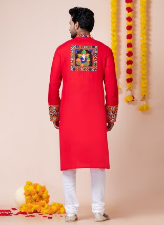 Bedazzling Red Rayon Kurta Pyjama with Lace, Machine Embroidery and Patch Border Work