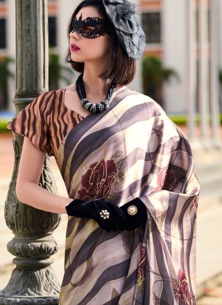 Beige and Black Pure Crepe Abstract Print Work Contemporary Sari for Casual