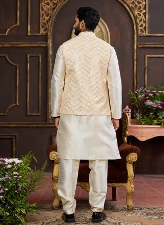 Beige and Cream Art Silk Digital Print Work Kurta Payjama with Jacket