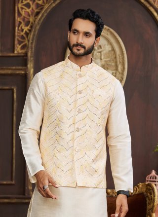 Beige and Cream Art Silk Digital Print Work Kurta Payjama with Jacket