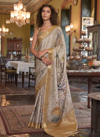 Beige and Gold Banarasi Silk Designer Saree with Digital Print Work
