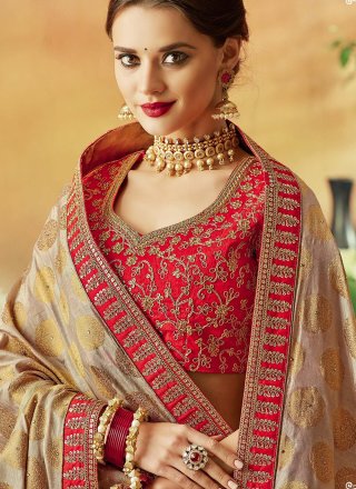 Beige and Gold Cord, Embroidered and Sequins Work Jacquard Silk A - Line Lehenga Choli