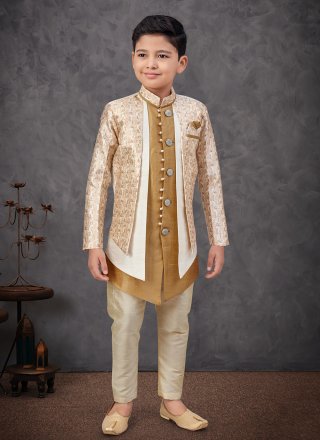 Beige and Off White Banarasi Silk Indo Western Sherwani