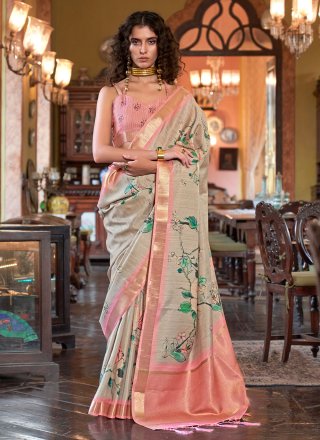Beige and Peach Banarasi Silk Casual Saree with Digital Print Work for Ceremonial