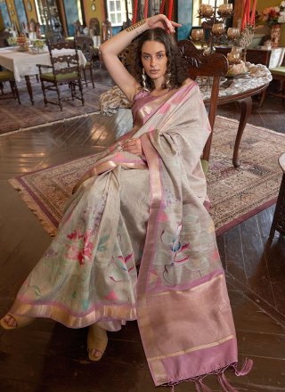 Beige and Pink Banarasi Silk Casual Sari with Digital Print Work for Women