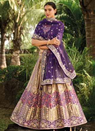 Beige and Purple Banarasi Silk Embroidered, Sequins and Weaving Work Lehenga Choli