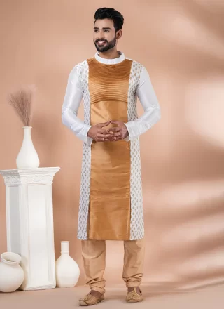 Beige and White Banarasi Silk Kurta Pyjama