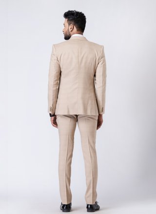 Beige and White Cotton Plain Work Tuxedo Suit for Men