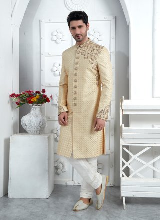 Beige Art Silk Sherwani Mens Wear with Embroidered, Hand and Thread Work for Men