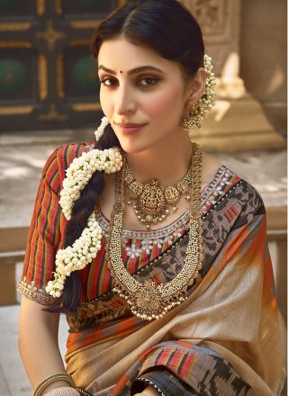 Beige Bhagalpuri Silk Contemporary Saree