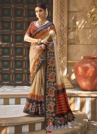 Beige Bhagalpuri Silk Contemporary Saree