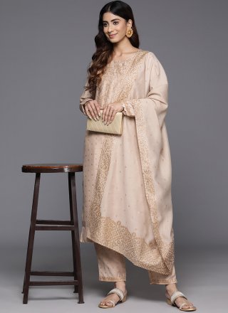 Beige Chanderi Pant Style Suit with Print Work